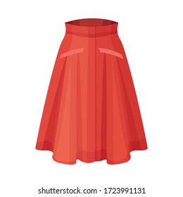 Midi Red Flared Skirt with Pleats Isolated on White Background Front View Vector Illustration