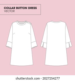 Midi Round Neck Dress with Collar Button and Three Quarter Sleeves