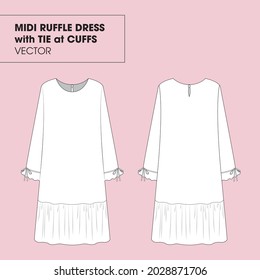 Midi Ruffle Dress with Tie at Cuffs, Long Sleeves and Round Neck