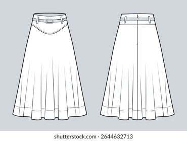 Midi Skirt with Belt Technical Fashion Illustration. Flared Skirt fashion flat technical drawing template, midi length, A line, front and back view, white, women CAD mockup.