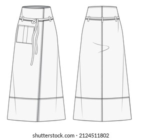  Midi Skirt fashion flat drawing template. Skirt technical drawing. Jeans Skirt fashion design cad template with front and back view.