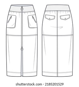 Midi Skirt technical fashion illustration. Denim zip-up Skirt fashion flat sketch template,  midi lengths silhouette, front and back pockets, elastic waistband, front, back, white, CAD mockup.