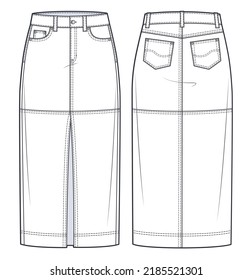 Ilustración técnica de modas de Midi Skirt. Denim Pencil Skirt de moda plantilla de sketch plano, silueta midi longitudes, bolsillos delanteros y traseros, corredera delantera, vista frontal y trasera, blanco, simulación CAD.