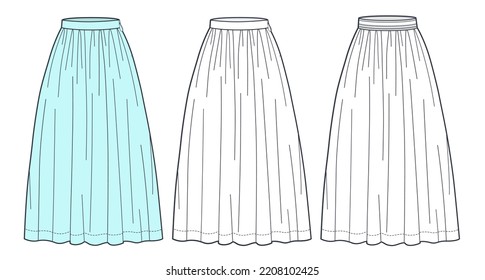 Midi Skirts technical fashion illustration. Set of Skirts fashion flat sketch template, midi lengths, A-line, elastic waist, zip-up waist, front view, white, blue design, CAD mockup set.    