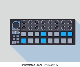 Midi studio controller, vector illustration. Beat Step tools. Electronic sequencer. Equipment for DJs. Beatboxing device. Pictures on the theme of night clubs and parties. Suitable picture for T-shirt