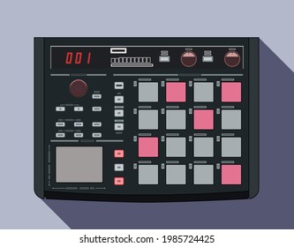 Midi studio controller, vector illustration. Beat Step tools. Electronic sequencer. Equipment for DJs. Beatboxing device. Pictures on the theme of night clubs and parties. Suitable picture for T-shirt