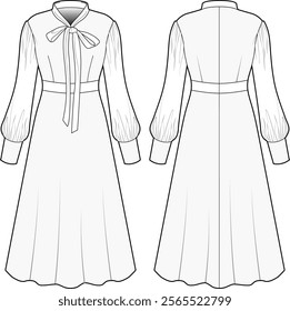 Midi-Length Dress with Collared Neckline, Bow Tie, Puffy Textured Sleeves, and A-Line Skirt – Front and Back View Fashion Flat Sketch CAD Template