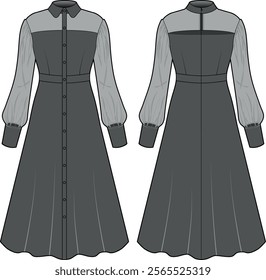 Midi-Length Dress with Sheer Puffy Sleeves, Collared Neckline, Button-Down Front, and Full Gathered Skirt – Technical Fashion Illustration CAD Template with Front and Back View