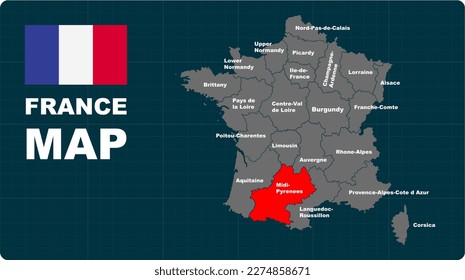 Midi-Pyarenees Map, Midi-Pyarenees red highlighted in 🇫🇷 FANCE 🇫🇷 map, flat design illustration vector