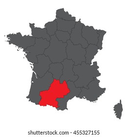 Midi-Pyrenees red on gray France map vector