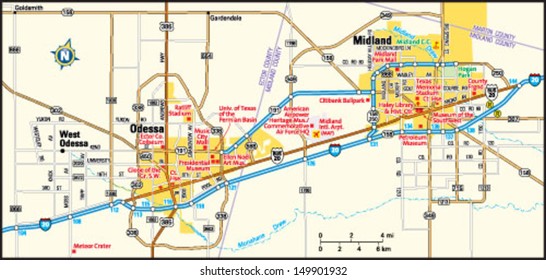 Midland and Odessa, Texas area map
