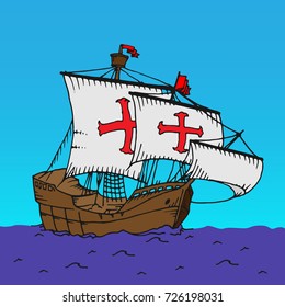 Midle ages ship with red crosses. Hand drawn vector stock illustration