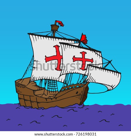 Midle ages ship with red crosses. Hand drawn vector stock illustration