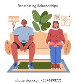 Midlife Crisis concept. Couple on sofa in contemplation, portraying the introspective phase of reassessing relationships. Vector illustration.