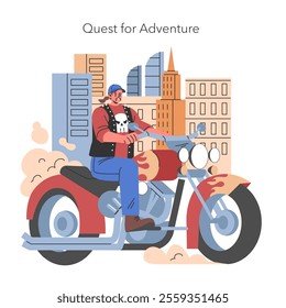 Midlife Crisis concept. Illustration of a man embracing change by riding a motorcycle for a new adventure against a city backdrop. Style and format: Vector illustration.