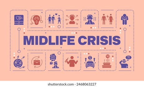 Midlife crisis light pink word concept. Self reflection. Health issues. Depression and anxiety. Visual communication. Vector art with lettering text, editable glyph icons