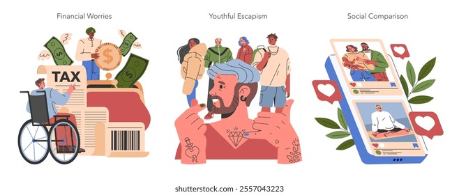 Midlife Crisis set. Challenges of aging, personal finance stress, chasing youth, social media comparison. Men facing life transitions. Vector illustration.