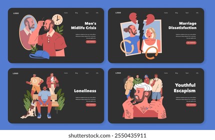 Midlife Crisis set. Men facing personal and relationship challenges, experiencing loneliness and seeking youth. Vector illustration.