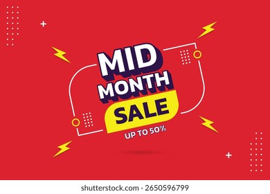 Mid-Month Sale Banner. Vibrant Promotional Banner for Mid-Month Sale with Bold Text and Energetic Design Elements.