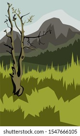 Mid-mountain landscape with dried tree