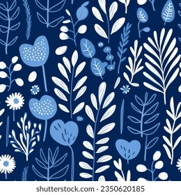 Midnight Blue Aqua Navy Flower Leaf Fern Abstract Watercolor Scandinavian Design Seamless Pattern Wallpaper Curtain Bedding Background Vector