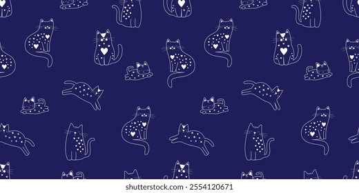 Midnight Blue Cat and Heart Pattern Design