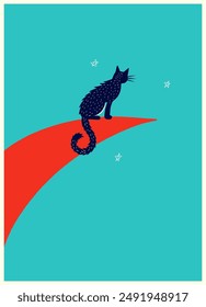 Midnight Blue Cat Perched on Crescent Moon with Stars - Whimsical Night Sky Illustration