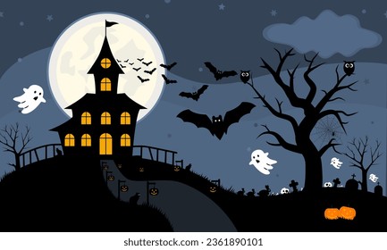 Midnight blue Halloween night background in flat design. Vector Halloween Illustration.
