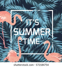 Midnight blue turquoise tropical jungle palm tree leaves. Pink exotic flamingo birds. Summer time sale banner. Square border template text placeholder. Vector design illustration black background.