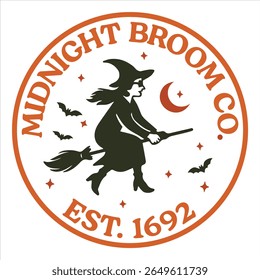 Midnight Broom Co. Est 1692 - Trending Spooky Halloween T-shirt Vetor, Temporada Da Ilustração Bruxa, Citação De Férias Assustadoras