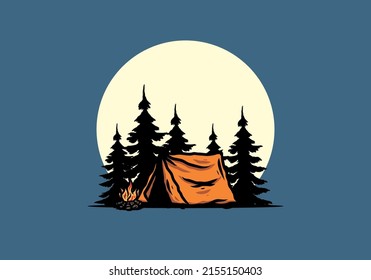Midnight camping with bonfire illustration design