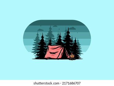 Midnight camping with bonfire illustration design