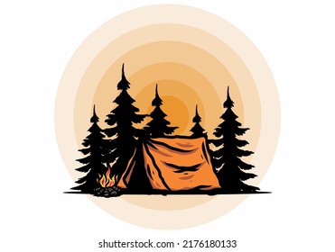 Midnight camping with bonfire illustration design