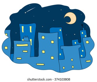 Midnight City, a hand drawn vector illustration of city buildings at night,decorated with stars and the moon.