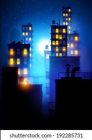 Midnight City.  Vector illustration of apartment blocks in a city at night.