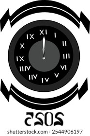 A midnight clock with "2025" below, surrounded by circular arrows symbolizing the passage of time, depicting the transition to the year 2025.

