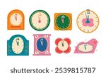 Midnight Clock Icon for Celebrations. A colorful set of 8 unique clocks all set to 12 o’clock. Perfect for themes around New Year's, midnight countdowns, and festive events