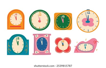 Icono de reloj de medianoche para celebraciones. Un colorido conjunto de 8 relojes únicos, todos configurados a las 12 en punto. Perfecto para temáticas en torno al Año Nuevo, cuentas regresivas de medianoche y eventos festivos