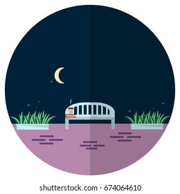 Midnight coffee. Flat vector illustration depicting a cup of coffee and a book lying on the bench. 