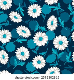 Midnight Daisy Delight Seamless Floral Pattern. Ideal for fabric designs, wallpapers, or any project requiring a touch of natural elegance. Adding a fresh and vibrant touch to any design projects