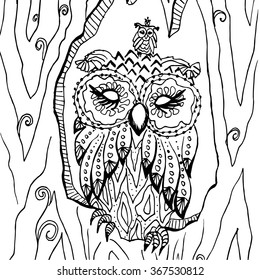 Midnight dreams -  stack of sleeping owl birds in the wood trunk funny cartoon illustration hand drawn with ink outlines, vector isolated on white background, birds of prey art