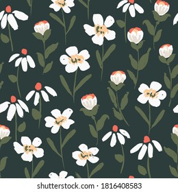 Midnight fairy blossoms seamless vector pattern. White flowers with yellow, red and green details forming a garden over black. Great for home decor, fabric, wallpaper, stationery, design projects.