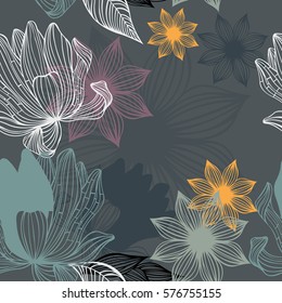 Mitternachtsblumen. Dekorativer, nahtloser Hintergrund mit stylischen Blumenelementen