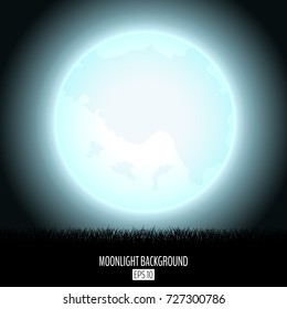 Midnight fool moonlight abstract background with black grass silhouette. Night moon over the horizon. Evening dawning background. Vector illustration.