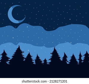 Panorama de dibujos animados de los bosques de medianoche. Ilustración plana de gradiente de estrellas