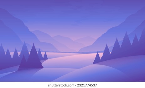 Midnight forest on majestic mountains background. Purple moody night landscape.