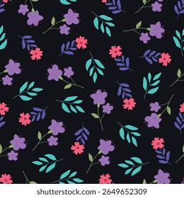 Midnight garden flowers seamless pattern. Dark floral vector surface design of bright pink purple flowers and leaves. Allover print flowery texture on black color background.  