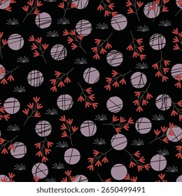 Midnight garden flowers seamless pattern. Dark blooms floral vector surface design of pink flowers and polka dots. Allover print flowery texture on black color background.