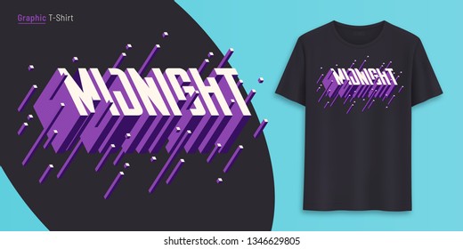 Midnight. Graphic t-shirt design, typography, print with 3d styled text. Vector illustration.