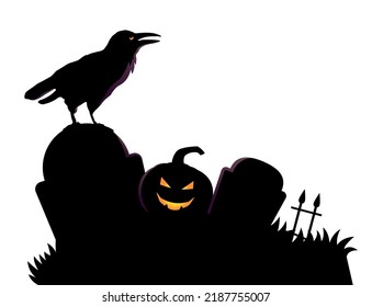 Silueta de cementerio de medianoche con cuervo y calabaza. Espumosa ilustración vectorial de Halloween.